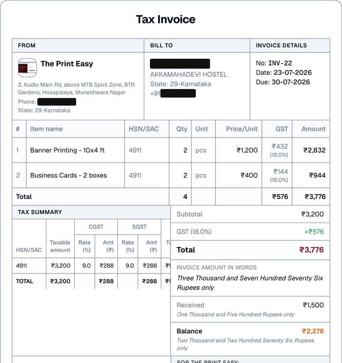 A real GST tax invoice generated by the dashboard, with itemized CGST/SGST breakdown and payment status