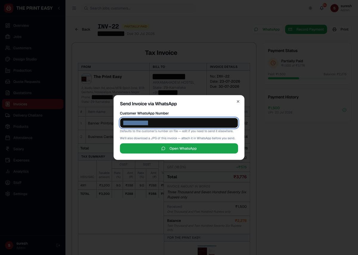 The Send Invoice via WhatsApp dialog, pre-filled with the customer's number